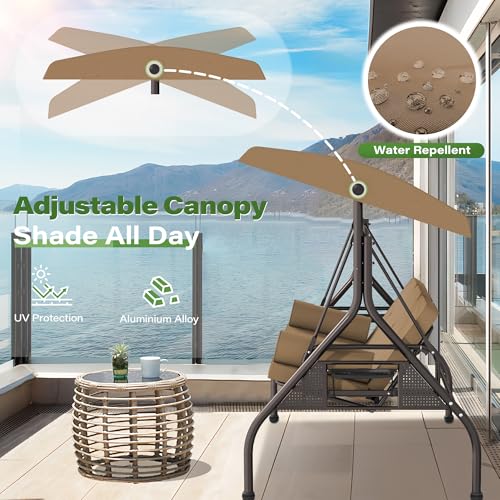 Image of SUNCROWN Outdoor 3 in 1 Porch Swing Chair, 3 Seat Patio Swing Glider with Adjustable Canopy, Heavy Duty Swings with Thickened Cushions, Pillows & Cup Holders for Garden, Backyard, Porch, Brown