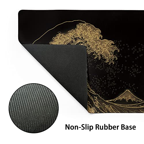 Japanese Sea Wave Large Mouse Pad Extended The Great Wave Gaming Mouse Pad Kanagawa Mousepad With Stitched Edges Keyboard Mouse Mat 3Mm For Home Office 31.5 X 11.8 Inch, Black Gold #TOP4