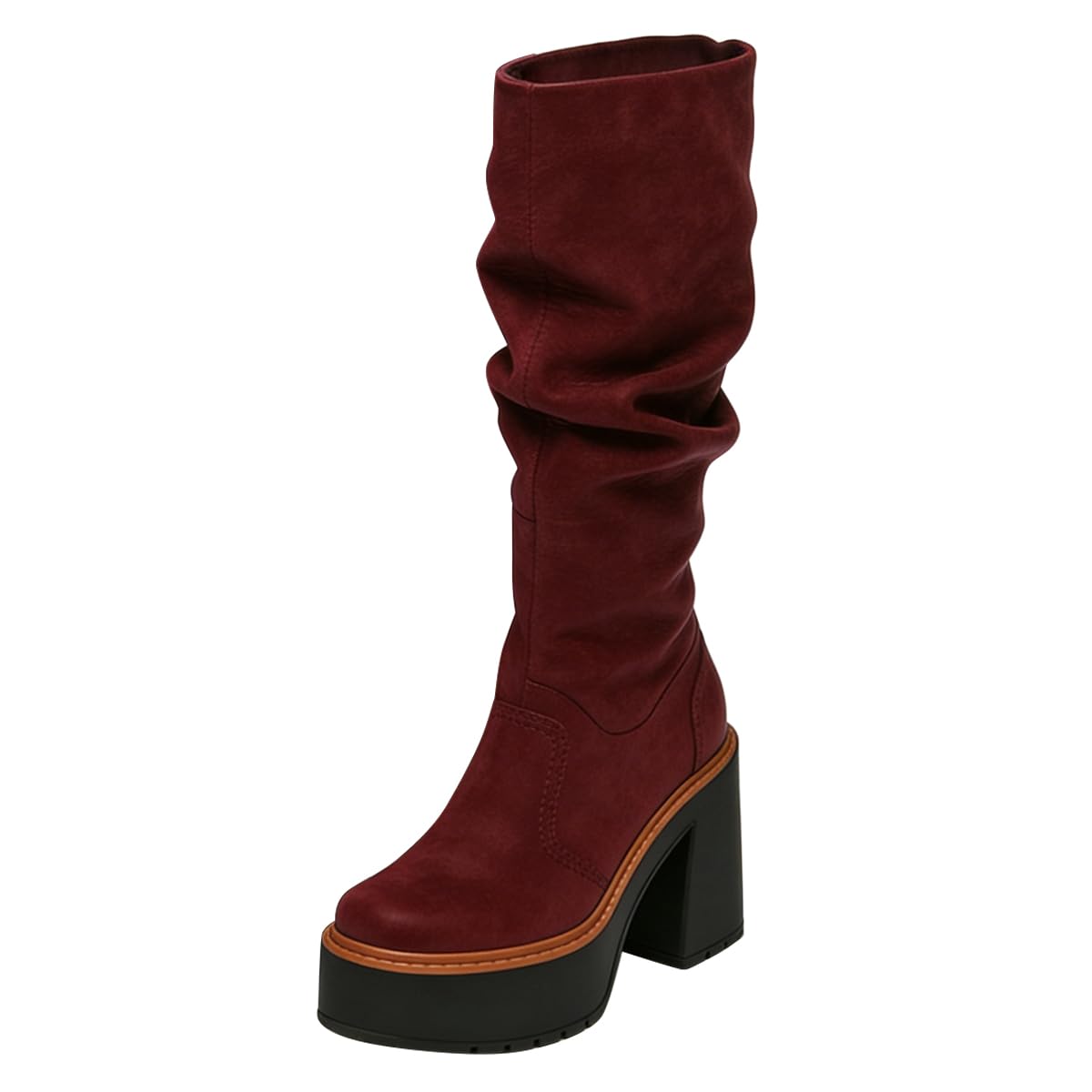 FSJ Women Slouchy Platform Mid-Calf Boots Closed Round Toe Chunky Block Heel Zip-Up Wide Calf Long Boot Casual