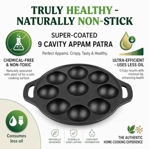 Image of Cast Iron 9 Cavity Paniyaram Pan | Pre-Seasoned Appam Patra, Kuzhi Paniyaram, Appe, Paddu, Ponganal, Litti & Pancake Maker | Naturally Non-Stick | Gas & Induction Compatible | 2 Side Handles (9 Pit)