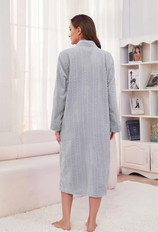 Image of LYCY Women Plush Zipper Robe, Long Fleece House Coat Nightgown with Pockets Solid Bathrobe