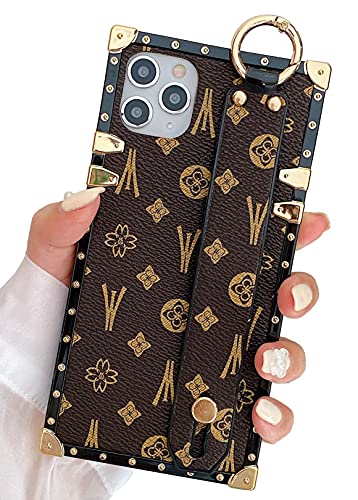 KERZZIL Elegant Retro Designed for iPhone 11 Pro Max Leather Case with Adjustable Wristband,Shiny Shockproof Protective Electroplating Metal Decoration Back Cover Square Edge Cases Cover (Brown)
