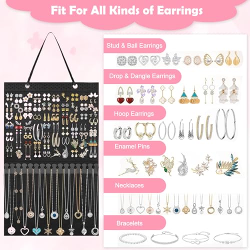 Image of HASTHIP Hanging Jewelry Organizer for Earrings & Necklaces, Felt Display Holder with 140 Earring Holes & 16 Necklace Hooks, 57x34.5 cm