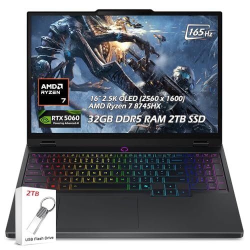 Image of Lenovo Legion Pro 5 16 inch Gaming Laptop, AMD Ryzen 7 8745HX, GeForce RTX 5060, WQXGA (2560x1600) OLED, Wi-Fi7, Backlit KB, Win11 (32GB DDR5 RAM | 2TB PCIe SSD), Eclipse Black + 2TB Flash Drive, W /GaLiMu