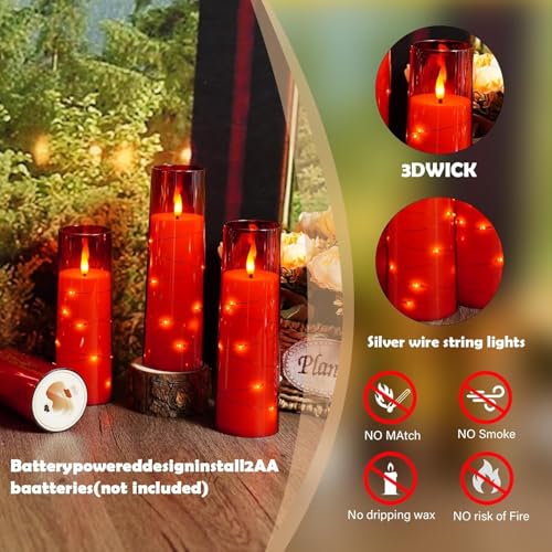 Image of LTETTES Acrylic Fiber Glass Led Candles Set of 12 | Embedded Star String Lights | Flickring Wick | 2 AA Battrey Operated with Remote | Home Decor & Festival | H 5.5'', 6.5'', 7.5'' x D 2.3'' | Red