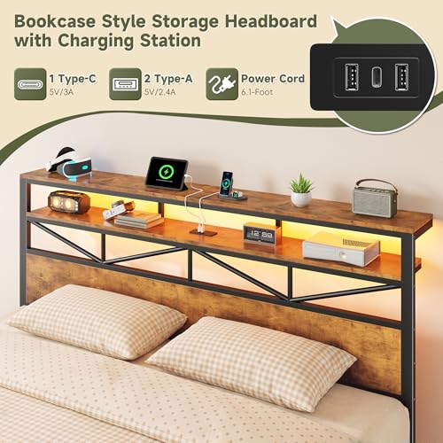 Image of Homkdom Queen Bed Frame with Large 4 Drawers, 2-Tier Shelf, LED Light and Charging Station, Heavy Duty Platform Bed with 880 lbs Capacity, Easy Assembly,Vintage Brown