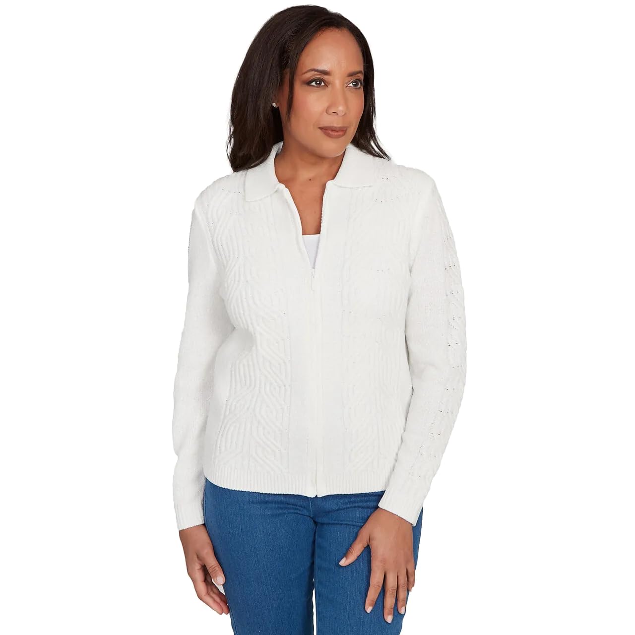 Alfred Dunner Womens Petite Zip-Front Chenille Collared Cardigan