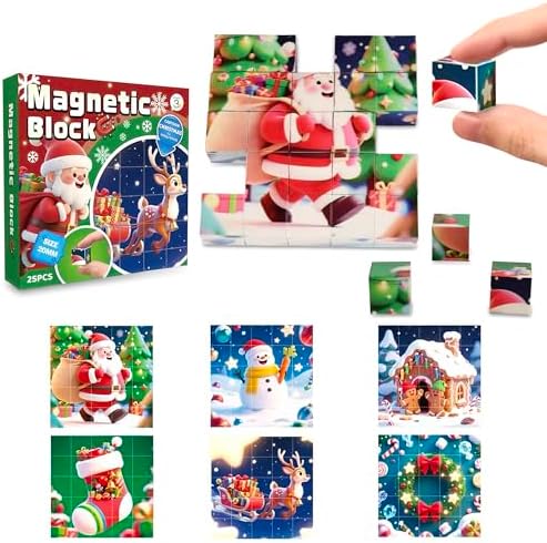 Magnetic Blocks Building Toy,Ritastar 25pcs Mine Stacking Magnet Build Cubes Cartoon Pattern World,STEM Sensory Construction Toys for Kids Gift,Educational Jigsaw Puzzle Set with 3D Christmas Designs