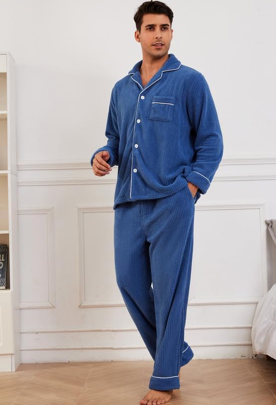 Vulcanodon Mens Fleece Pajama Set, Soft Warm Long Sleeve Sleepwear with Pockets Cozy Button-Down Pjs for Men - Image 2