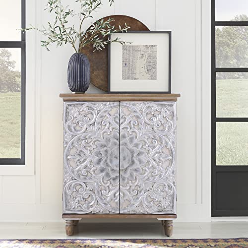 Sophia & William Accent Storage Cabinet With 2 Doors, Distressed Decorative Cabinet Storage Organizer With Wood Frame And Silver Embossed Pattern For Entryway Hallway Lvinig Room #TOP3