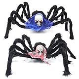 OWUDE 2 Stück Halloween-Spinne, Horror-Totenkopf-Dekorationen, 74 cm gruselige Spinne, realistische Plüsch-Dekoration für den Innen- und Außenbereich, Party, Hof – Schwarz