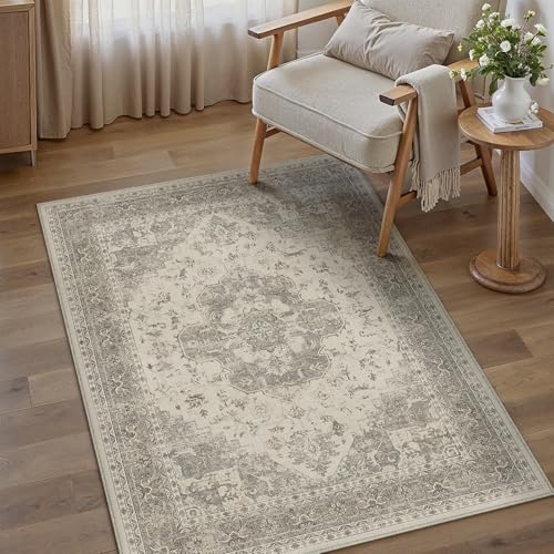 PureCozy Waschbarer Teppich Wohnzimmer 120x170cm Vintage Tepich，Beige Grau – Ansicht 2