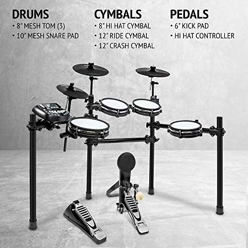 Lyxjam 8-Piece Electronic Drum Kit, Professional Drum Set With Real Mesh Fabric, 448 Preloaded Sounds, 70 Songs, 15-Song Recording Capacity, Choke,Rim,Edge Capability & Kick Pad, Drum Sticks Included #TOP2