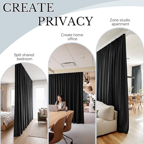 Image of RYB HOME Room Divider Curtains with Straight Ceiling Track, Heavy Duty Blackout Privacy Sliding Partition Panel for Bedroom /Living Room /Basement /Sliding Glass Door, W100xL90, Black, 1 Panel