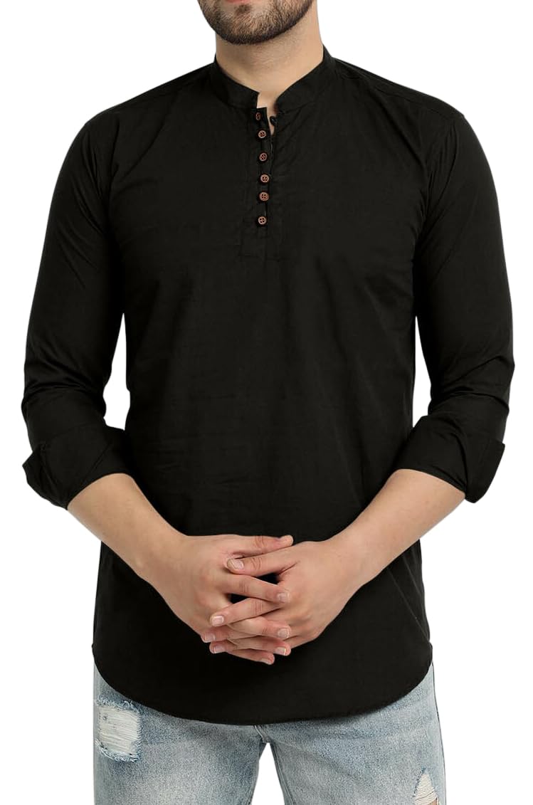 Royalscout Men's Cotton Blend Full Sleeve Short Kurta With Mandarin Collar Black