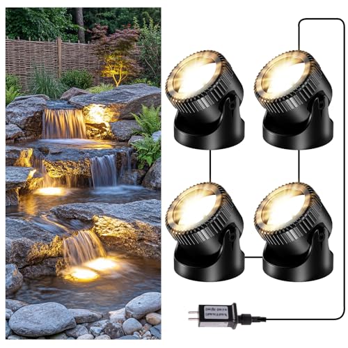 POPOSOAP Pond Lights 4-in-1 Warm White, Underwater Pond Lights with Timer/ IP68 Waterproof Submersible LED Fountain Lights for for Pond Waterfall Fountain Aquarium Garden Patio Pool(Set of 4)-P64H