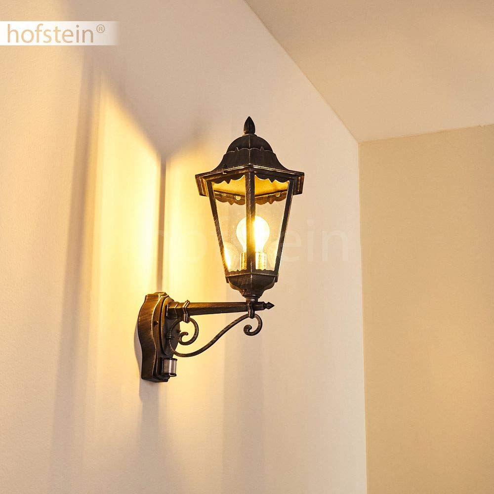 Zewnętrzna lampa ścienna Lignac w. czujnik ruchu, lampa ścienna do góry, odlew aluminiowy w kolorze czarnym/srebrnym z przezroczystymi szybami, lampa ścienna/podwórko z gniazdem E27, bez żarówki