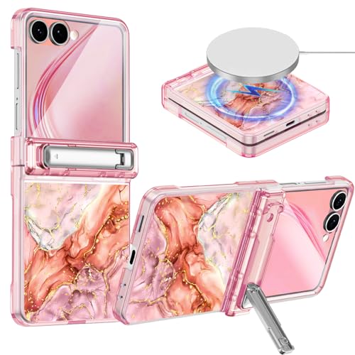 Shecaset for Galaxy Z Flip 7 Case,[Compatible with MagSafe][Built-in Screen Protector][Kickstand][Hinge Protection] Hard PC Slim Fit Shockproof Protective Case for Samsung Galaxy Z Flip 7,Pink