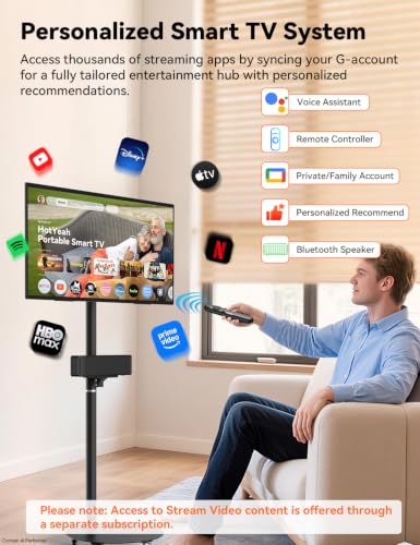 Image of HotYeah Portable Smart TV on Wheels, w /Detachable Bluetooth Speaker, EDLA-Certified, 23.8 inch 1080P FHD 2-in-1 Rolling TV & Monitor, 10000mAh Battery, Voice Control, USB-C & HDMI, Full Swivel Rotation