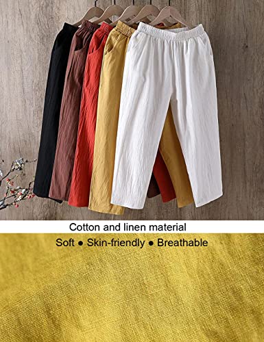 Summer Cotton Linen Soft Cropped Pants with Elastic Waist Pockets for Women Teen Girls4