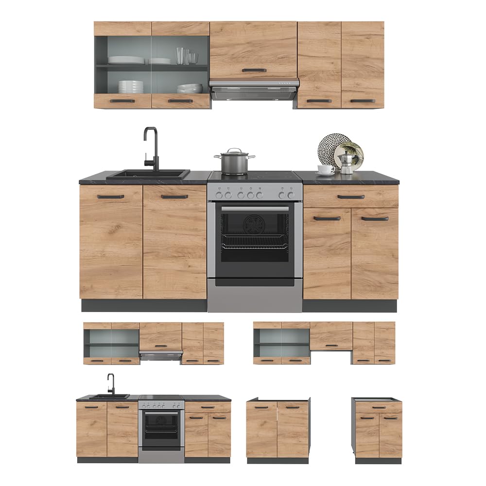Vicco Mueble de Cocina R-Line, Oro Power Roble/Antracita, 200 cm ET Antracita, Apto para ampliación Individual con módulos adicionales