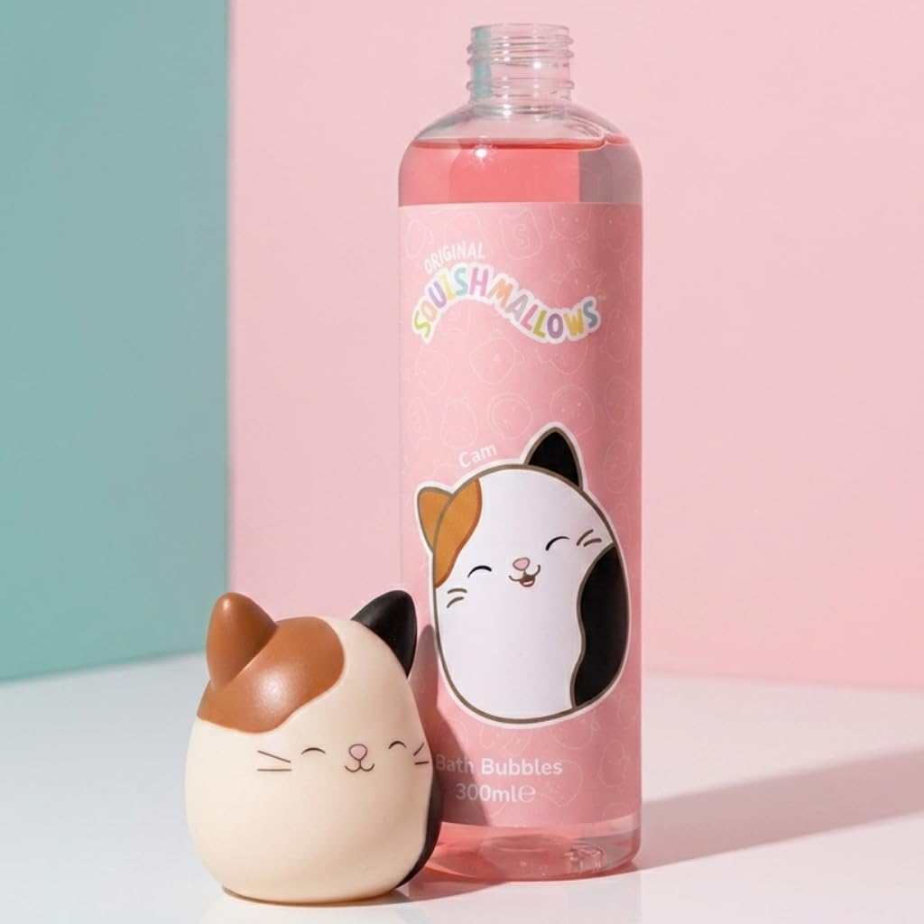 Squishmallows - Baño de burbujas para niños, 300 ml cada uno, Foxy Fruity, Cam Purrfect, Winston Feelin' Mallow, divertidas botellas coleccionables de personajes con tapas blandas