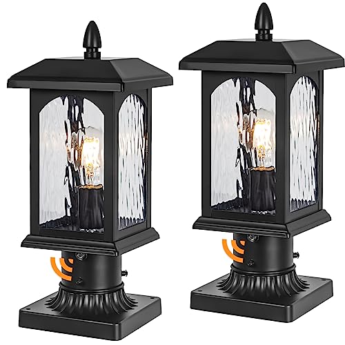 2 Packs Dusk to Dawn Outdoor Post Light with Pier Mount Base - Hard Wired Pole Outdoor Lighting, Waterproof Black Pillar Lantern Outside with Tempered Rippled Glass for Pathway, Garden, Patio
