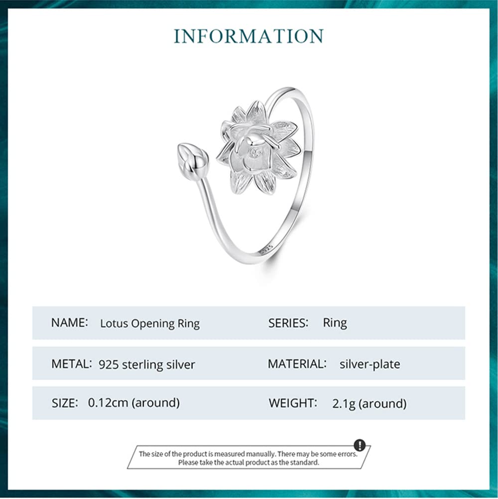 Anillo ajustable de plata de ley S925 con diseño de flor abierta para mujeres y adolescentes.