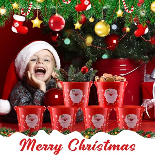 Sliner 48 Pcs Plastic Christmas Buckets Bulk with Handles 5.71 x 4.53 x 4.53 Inch Santa Plastic Buckets Christmas Pails for Gifts Home Candy Toy Baskets for Holiday Party Favors Supplies - Thumbnail 5