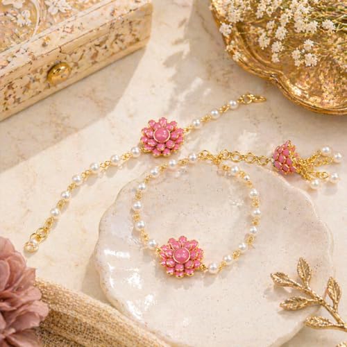 Image of JAIPUR ACE Pink Floral Couple Rakhi Bracelet | Gold Plated Hathphool Hand Harness with Pearl Chain | Elegant Rakhi for Bhai Bhabhi | Traditional Ethnic Hand Jewelry for Raksha Bandhan & Festivals