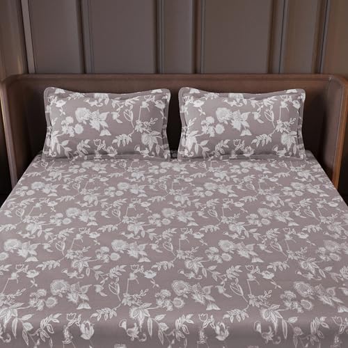 Image of Divine Casa 210 TC Cotton King Size Bedsheet | Soft Breathable Wrinkle Resistant Bed Sheet with 2 Pillow Covers | Pigment Twill Satin Bedding | 275 x 275 cm (Muted Red-Brown, Floral)