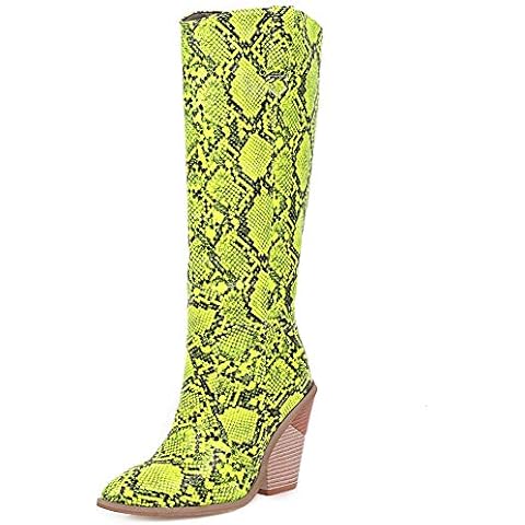 MeiLuSi Green Snakeskin Boots, Knee High Boots Weired Barbie Costume Western Chunky Stacked Heel Pointy Toe Cowboy Cowgirl Boots Size 8.5 Cover