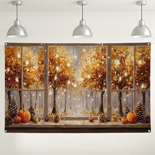 Sfondo con finestra con alberi autunnali decorazione accogliente con scena naturale autunnale sfondo fotografico rustico per il Ringraziamento ed eventi stagionali 180 x 109 cm