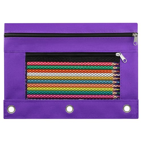 Image of Pencil Pouch for 3 Ring Binder, Pencil Case Bag with Zipper, 600D Fabric Pencil Pouch Holder Accessories, Clear Window Pencil Case Aesthetic Back to School Organizer Pockets for Boy Girl (Purple)