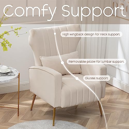 Accentchairssetof2upholsteredvelvetmoderncomfywingbackarmchairforlivingroombedroomsinglesofachairwithpillowsbeige  Urban Country Home Decor Accent chairs set of 2 upholstered velvet modern comfy wingback armchair for living room bedroom single sofa chair with pillows beige  urban country home decor