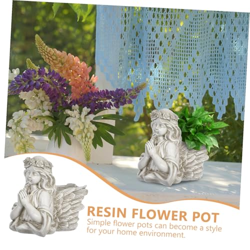 Plantes succulentes protégées avec ce pot de fleurs ange en résine beige durable - 4