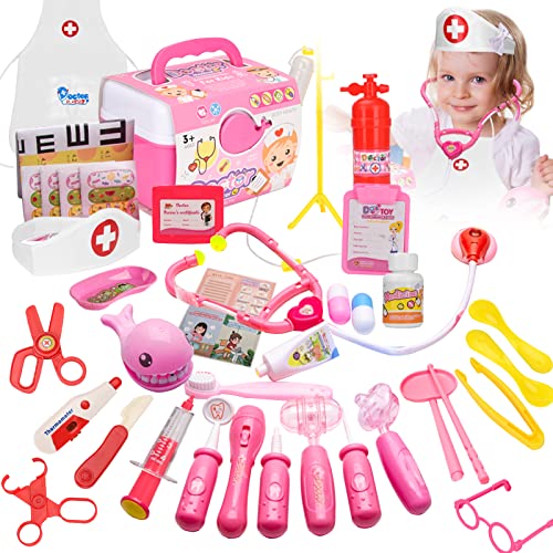 QJXX Doctor Kit for Kids 47 Pcs Realistic Medical Kit Playset Pretend Doctor Playset with Electronic Stethoscope and Coat Dentist Kit with Braces Kids Doctor Kits 3-12 Years Gift