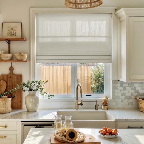 Image of TWOPAGES Isabella No Drill Cordless Roman Shade Linen Textured Cotton Roman Blind for Windows, Custom Made Room Darkening Blackout Roman Window Shade, Hardware Included, Seedpearl, 1 Piece