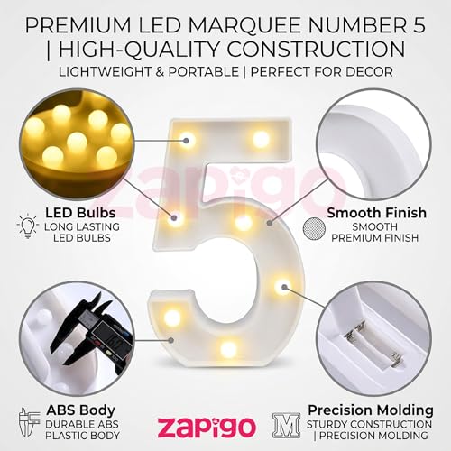 Image of Balloonistics LED Marquee Number 5 Light - 9-Inch Cordless | Cordless Battery-Operated, Standing Sign, 5th Birthday & Anniversary Decor, Wedding & Home Decor