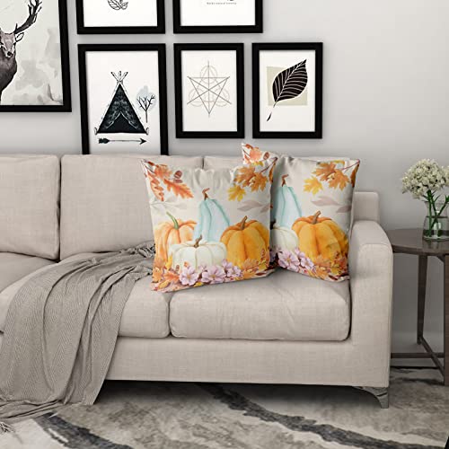 Fall Pillow Covers 18X18 Set Of 2 Autumn Teal Orange White Pumpkin Fallen Leaves Floral Print Throw Pillows Thanksgiving Decorative Pillowcase Cotton Square Cushion Cover For Couch Sofa Bed #TOP6