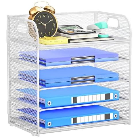 Kinkota 5 Tier Paper Organizer for Desk, Desk File Organizer with Handle, Mesh Letter Tray, Paper Sorter Desk Organizer for Office Home Supplies - White Cover
