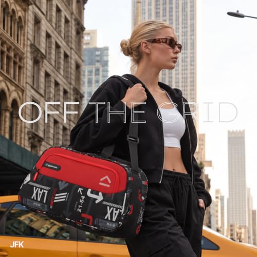 Image of uppercase JFK 55 Cm Duffle Bag | 44 LTS |Dust Resistant Travel Polyester Duffle Bag | Spacious Main Compartment|Adjustable Shoulder Strap | Sustainable Duffle Bags for Women & Men|(Red)