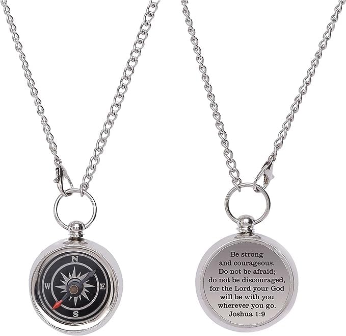 WORLD KING MART Be Strong and Courageous Engraved Compass with Leather Case, Working Compass Necklace, Religious Gifts for Men, Engraved Neckless with Joshua1:9