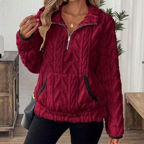Rikbuig Maroon 3/4 Zip Pullover Womens Fleece Oversized Half Zip Sweatshirt - image 5