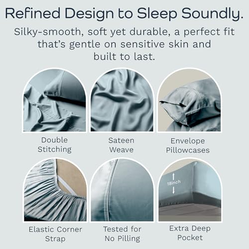 Image of Olive + Crate Tencel Lyocell Eucalyptus Full Sheet Set - Cooling Tencel Sheets for Hot Sleepers with 16 Inch Deep Pocket Fit - Double Bed Sheets - Basalt Blue 4-Piece Set