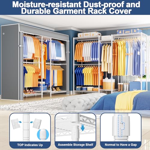 Ulif E12C Pro Heavy Duty Closet Organizer System,Freestanding Clothing Racks for Hanging Clothes,Adjustable Garment Rack 71\"W x 16\"D x 76.5\"H Hold 960lbs,White Clothing Rack with Grey Dustproof Cover
