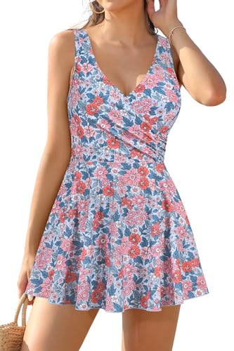 Image of SHEKINI One Piece V Neck Skirt for Women Modest Tummy Control Swimdress Bathing Suits Swimsuit