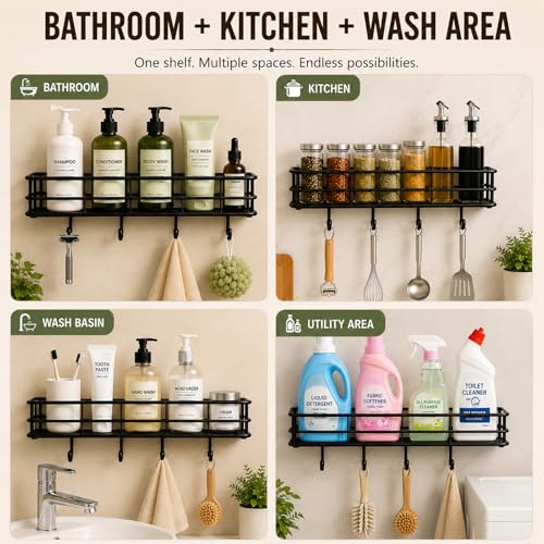 Image of DALUCI Bathroom Organiser Without Drill GI Steel Self Adhesive Bathroom Shelf Rack Stand for Wall Rustproof Shampoo Holder Bathroom Kitchen Shelf Bathroom Accessories Set (Black, 2 Pcs)