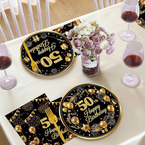64 Pieces 50th Birthday Party Supplies, Balck Gold 50th Birthday Tableware Set Plates Napkins and Forks Serves 16 Guests for Men Women, Happy 50th Birthday Themed Party Decorations by YIQXKOUY - Image 5