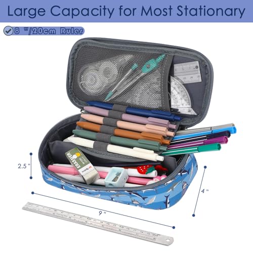 Image of FlowFly Large Capacity Pencil Case for Kids, Boys & Girls - Zippered Multi-Functional Pen Pouch, Soft & Portable Pencil Bag for School, Teens, Students, Shark